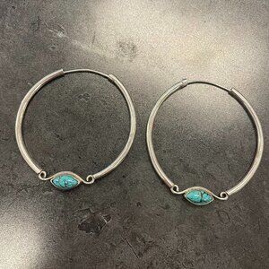 .925 Stamped Sterling Silver and Turquoise Hoops
